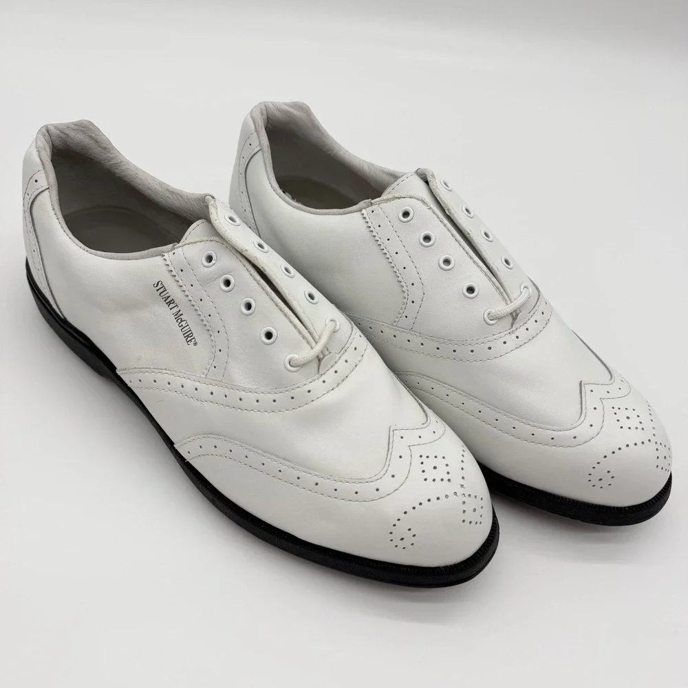 Stuart McGuire Mens White Leather Wingtip Golf Shoes Spiked 0712‎ W Size 10.5W
